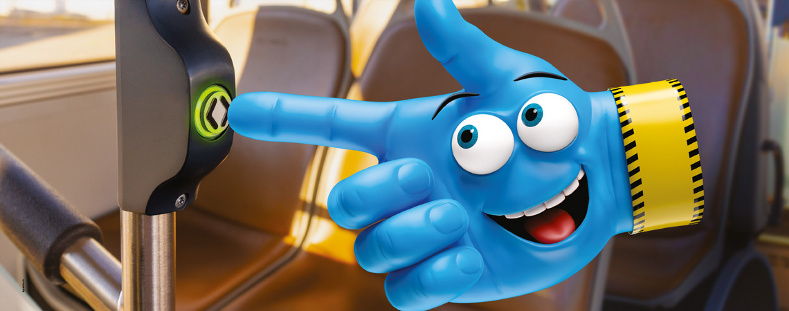 Kampagnenbild «Sie haben es in der Hand» des Verbands öffentlicher Verkehr: Eine blaue Cartoon-Hand zeigt auf einen Haltewunschknopf.