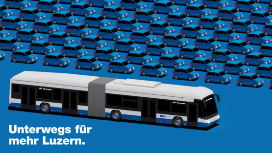 Visualisierung eines Busses und vielen Personenwagen. Sie zeigt, dass für den Transport der selben Anzahl Menschen ein Bus viel effizienter ist.