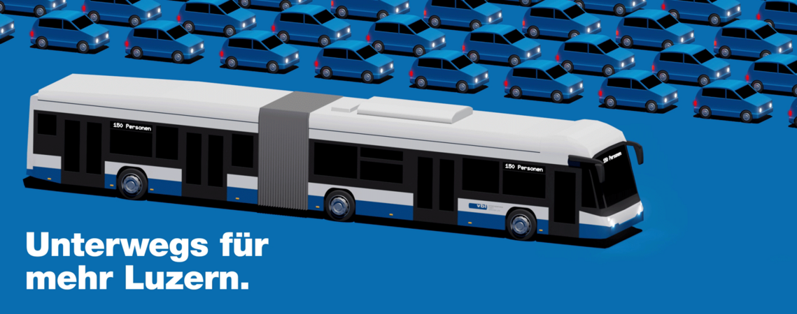 Visualisierung eines Busses und vielen Personenwagen. Sie zeigt, dass für den Transport der selben Anzahl Menschen ein Bus viel effizienter ist.